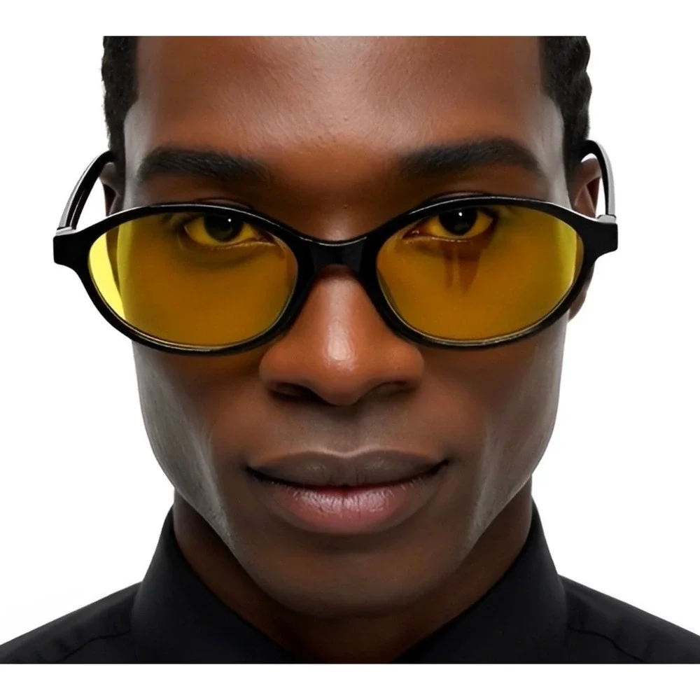 Black Oval Sunglasses Yellow Tint Lens Men‎ Fashion Eyewear Small Trendy Lentes